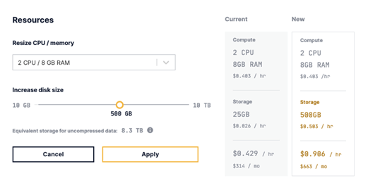 Example of resizing storage from 25GB to 500GB