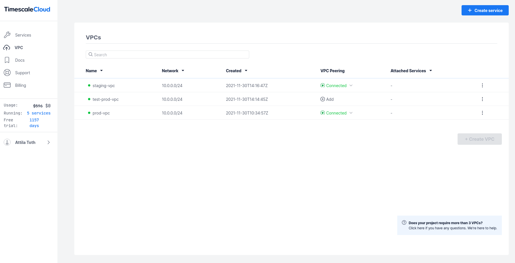 VPC tab in Timescale Cloud showing list of VPC projects.