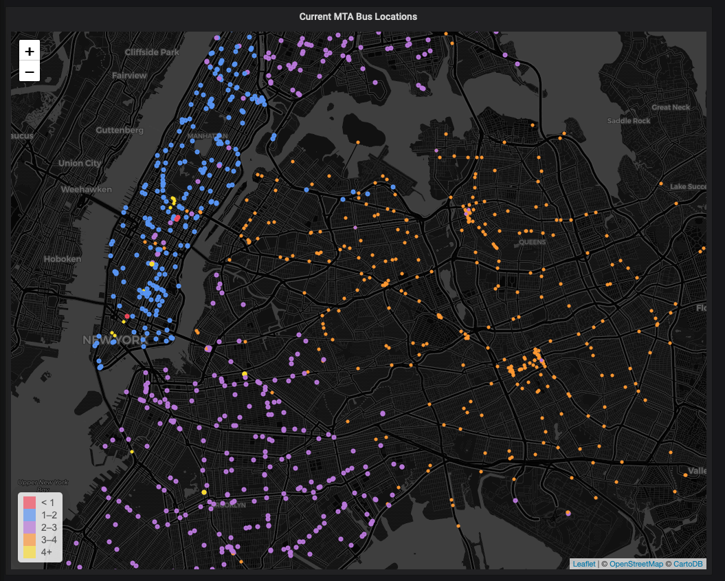 Initial World Map panel, showing live locations of buses in New York City without any interactive elements