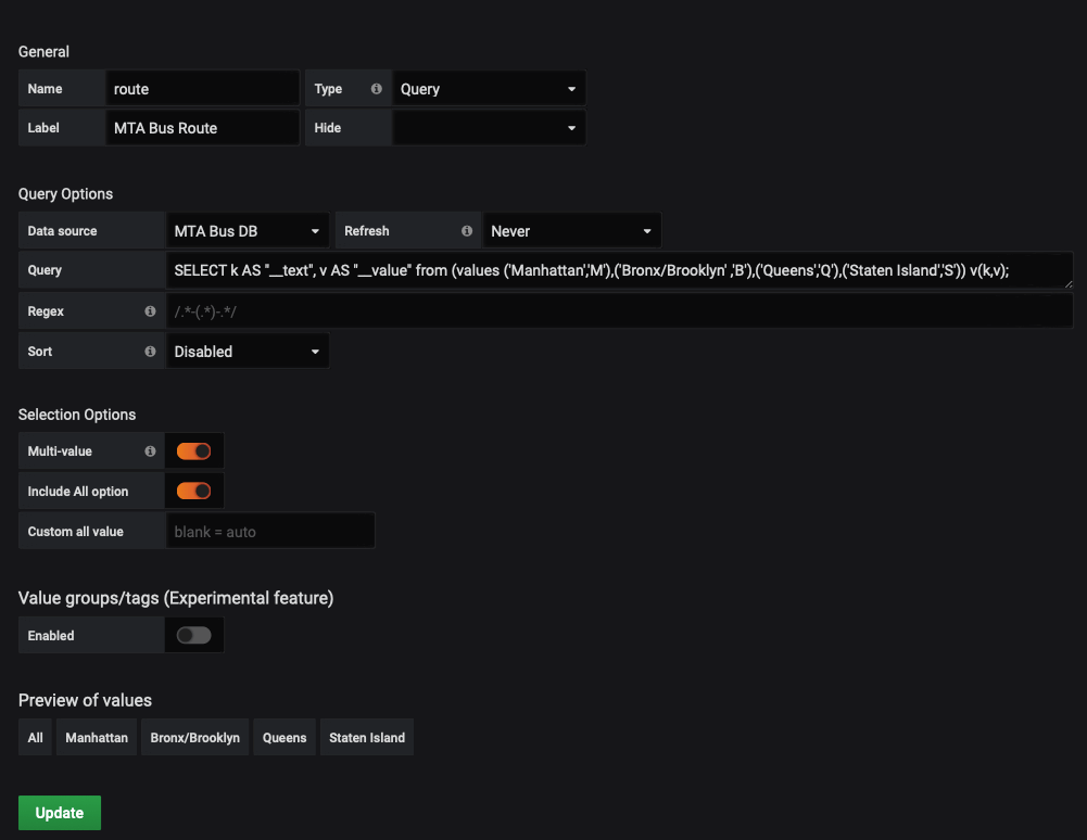 Screenshot of various Grafana UI settings, as described in tutorial text 