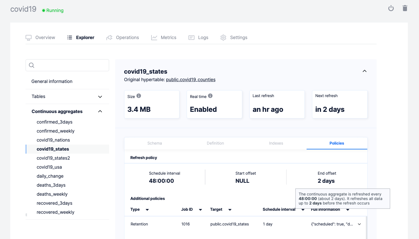 Timescale Forge continuous aggregates page, showing information about policies to automatically update continuous aggregates.