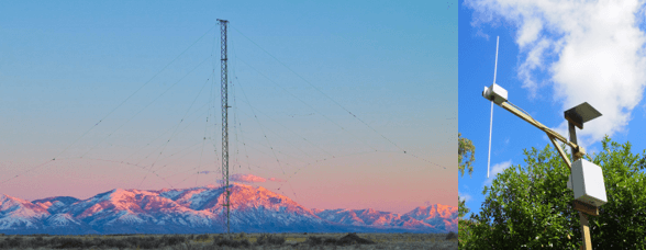 Image of radio antennae, with mountains in the background