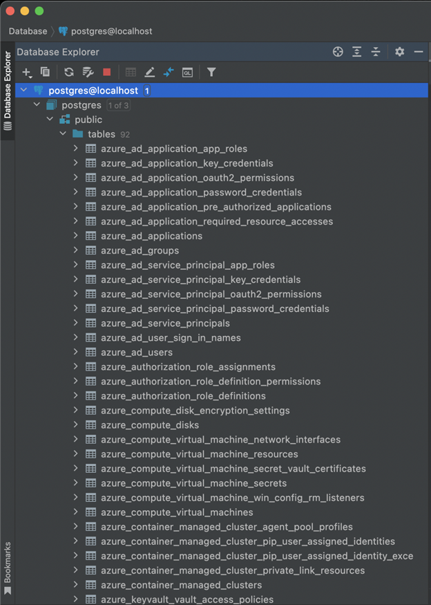 Normalized PostgreSQL tables in DataGrip containing data about cloud assets from Microsoft Azure