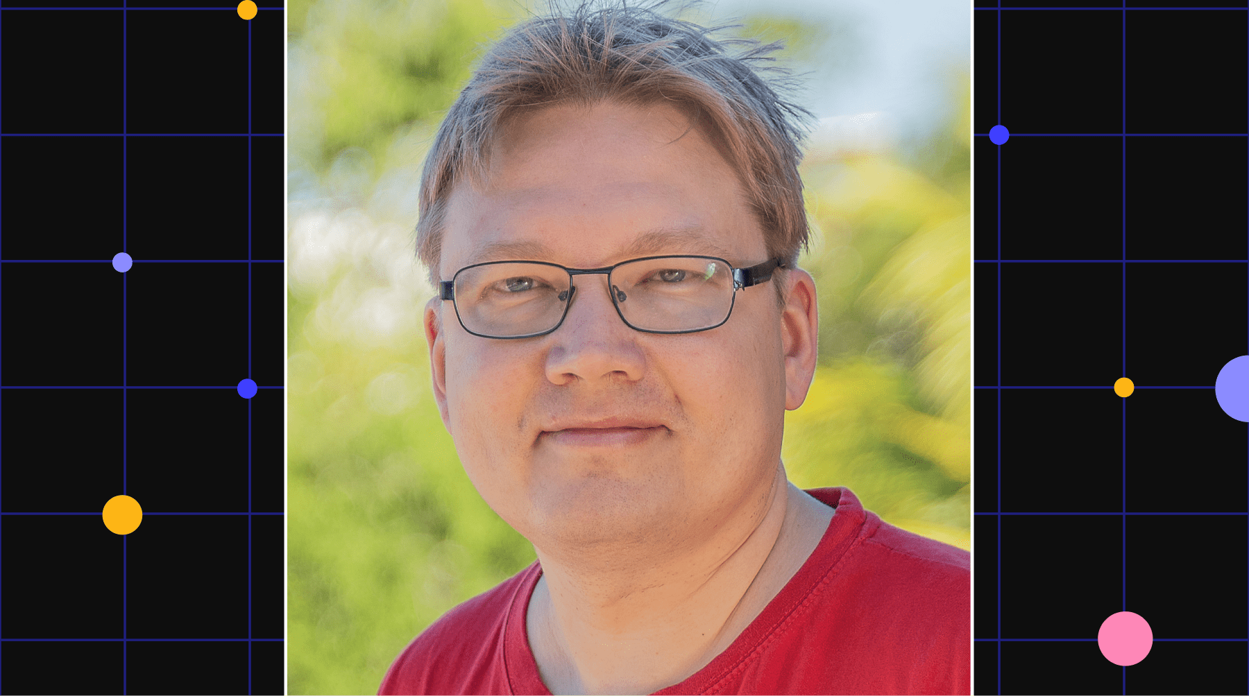 A portrait of Heikki Linnakangas over a dark blue gridded background with little colored dots