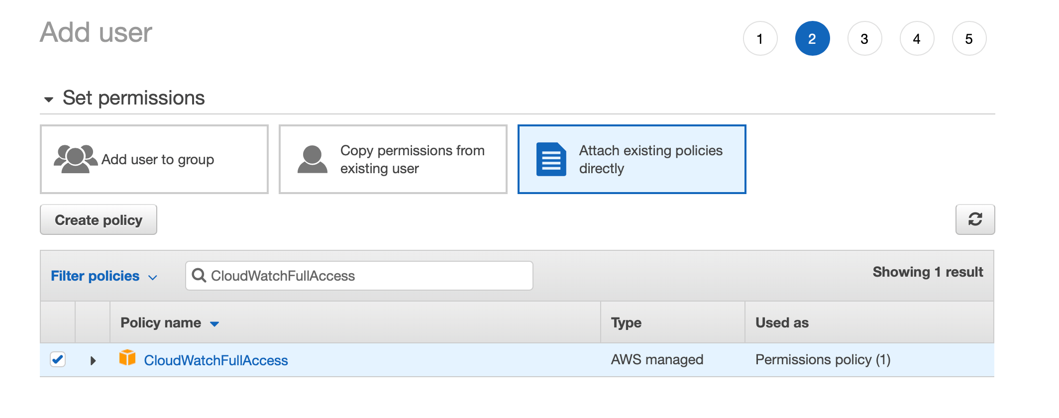 The steps for attaching existing policies directly