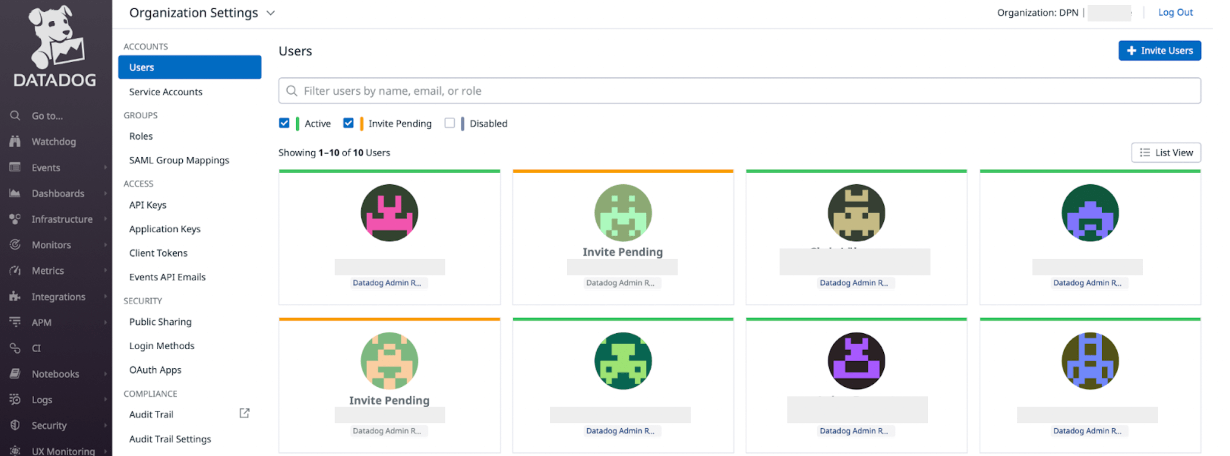 The Datadog user interface: the Organization Settings page