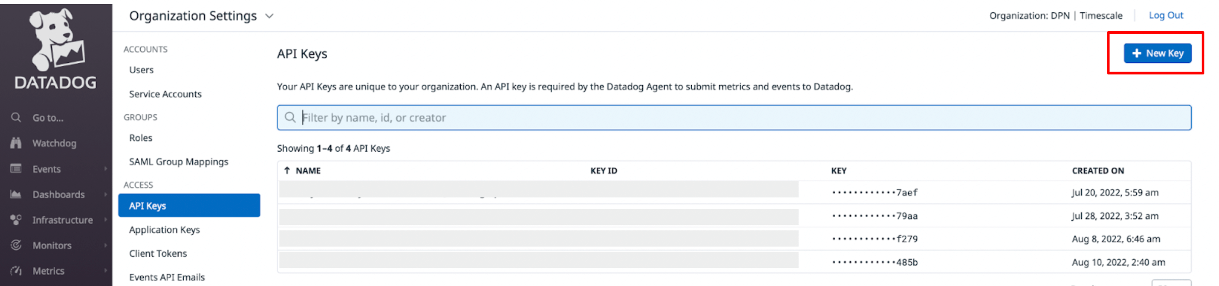 Naming the API keys in the Datadog UI
