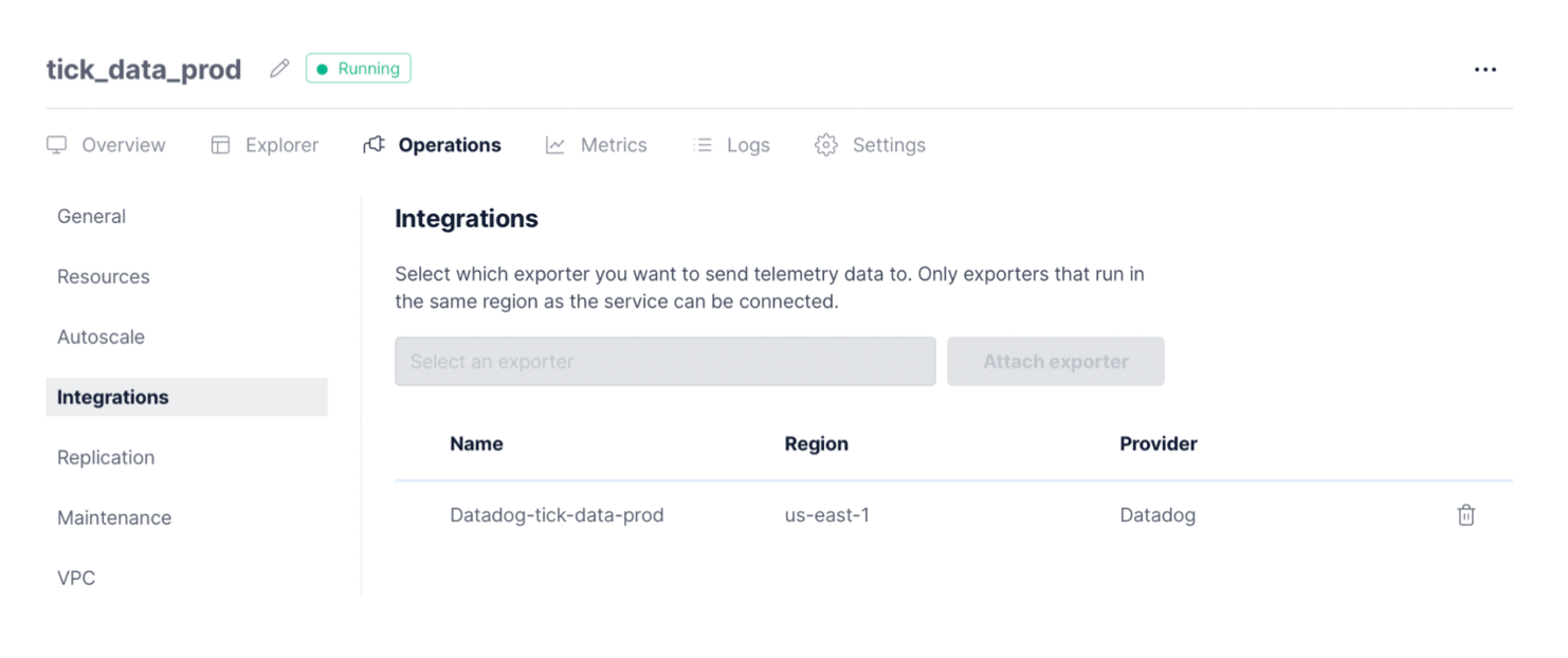 Attaching the exporter in the Timescale Cloud user interface to allow the integration with Datadog