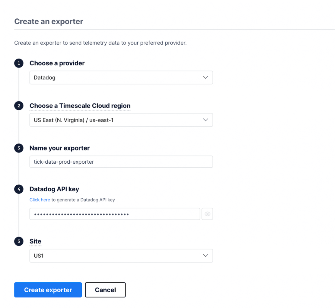 Creating an exporter in Timescale Cloud