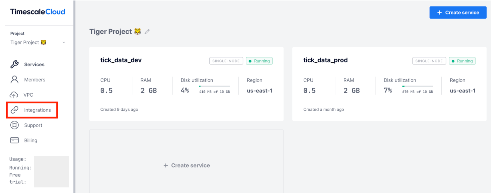 The Integrations page of the Timescale Cloud user interface