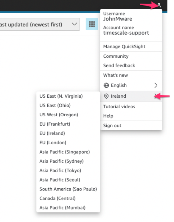 Choosing your region in QuickSight