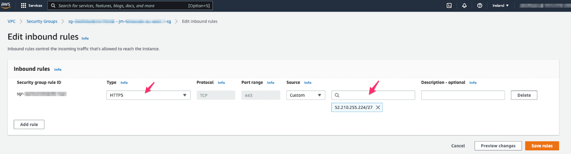 Editing inbound rules in AWS