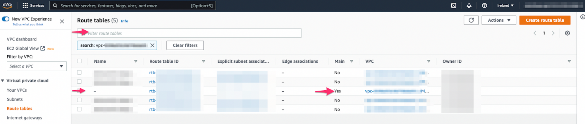 Route tables page in AWS.