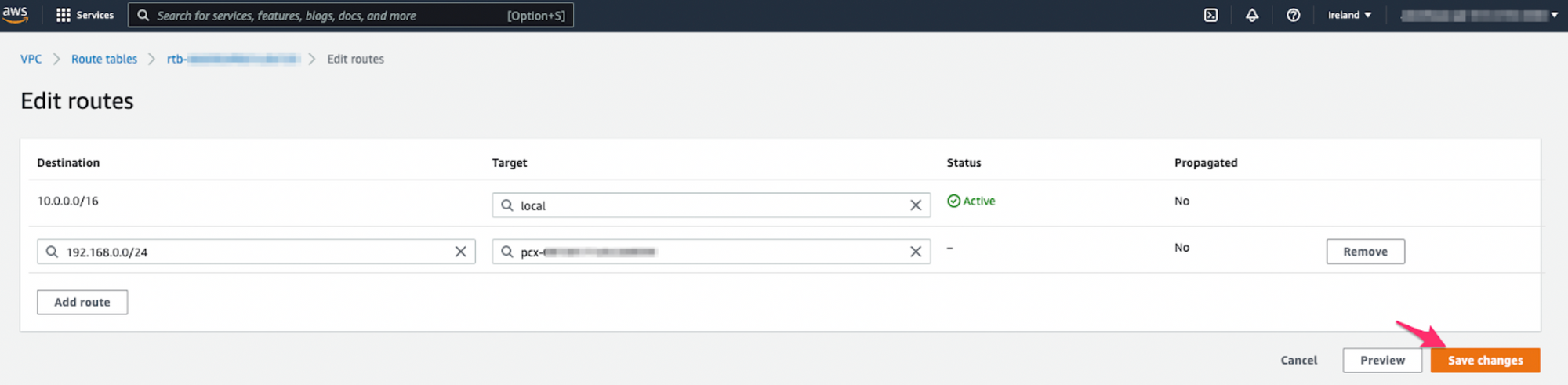 Configuring the route in AWS.