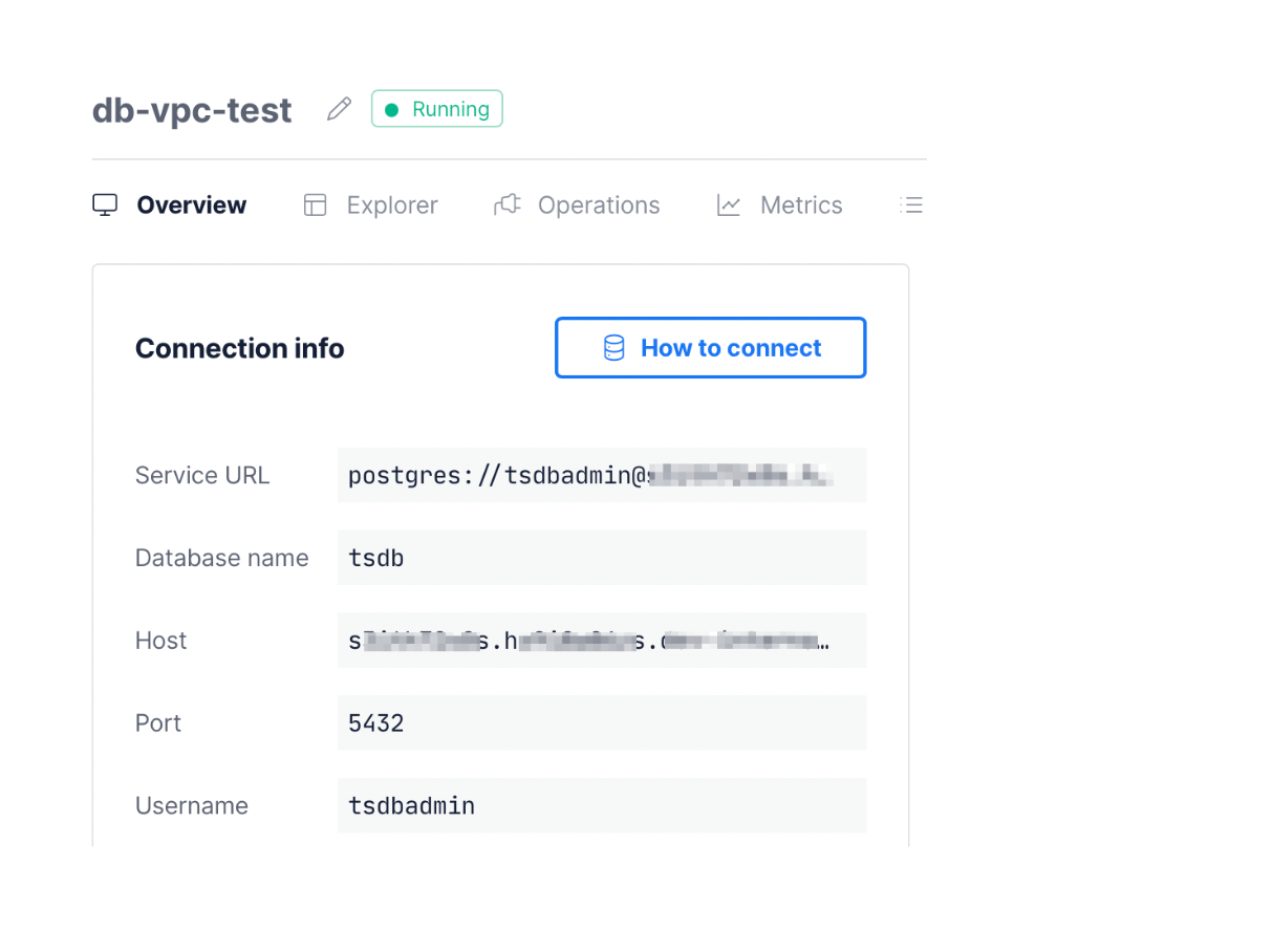 Service connection info in Timescale Cloud. 