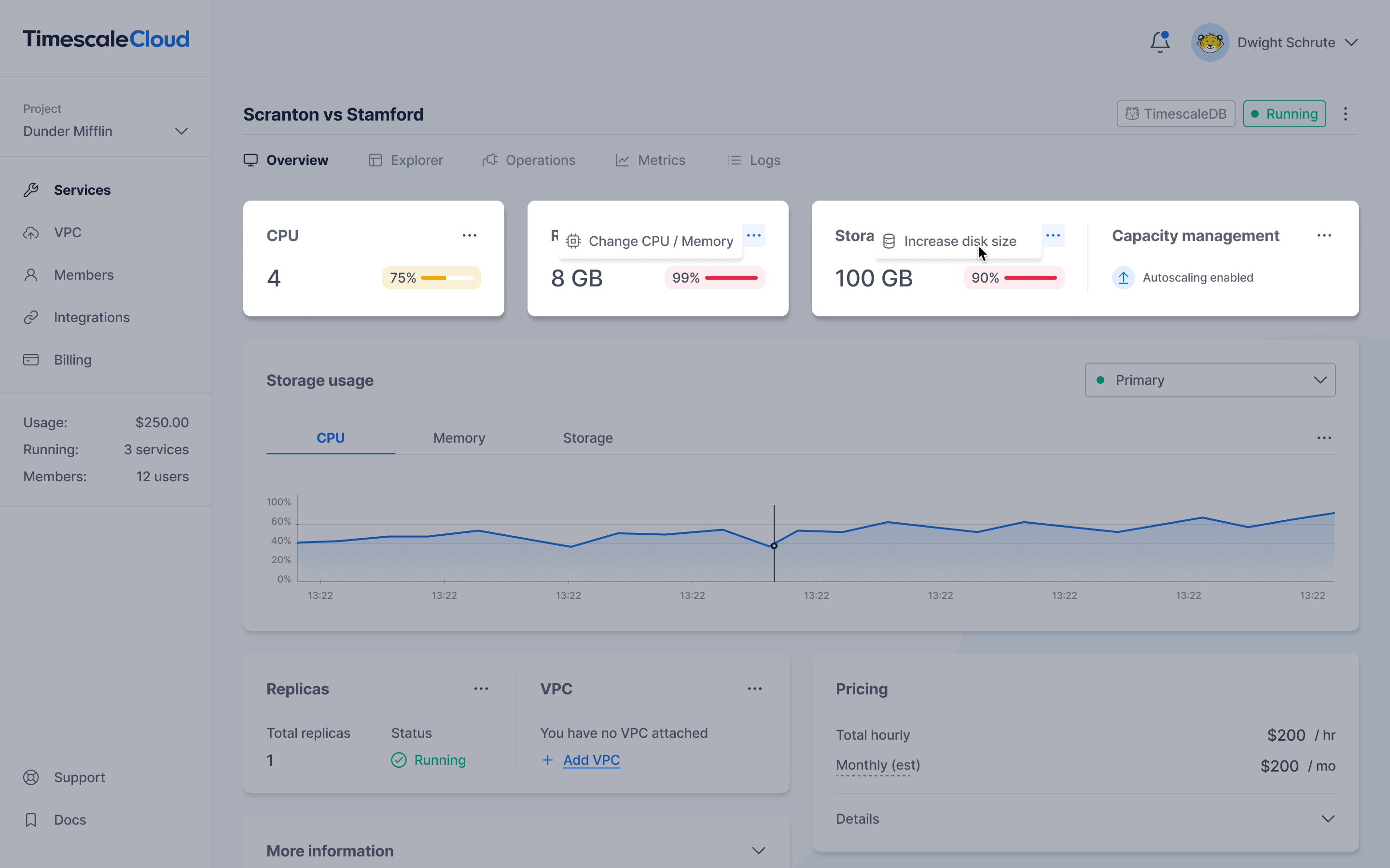 An overview of the Services page in the new Timescale Cloud UI; with standout boxes showing CPU, Memory, Storage, and Capacity Management for better developer experience