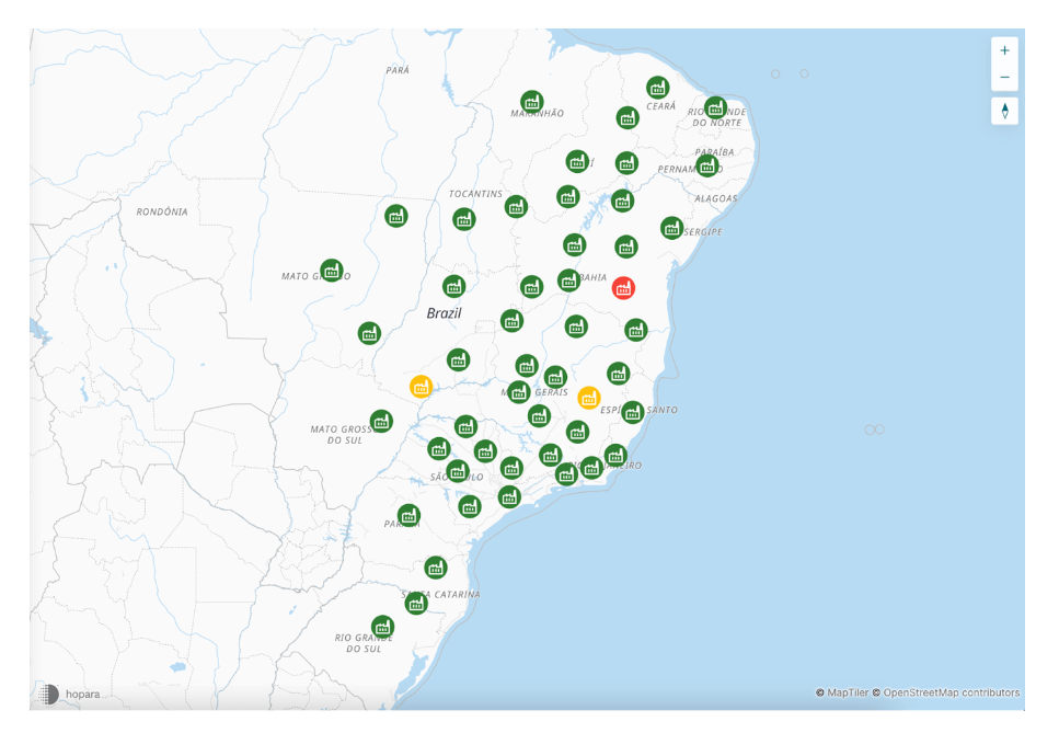 Figure 3. The Big Picture: FC factories on a map of Brazil color-coded with their facility health