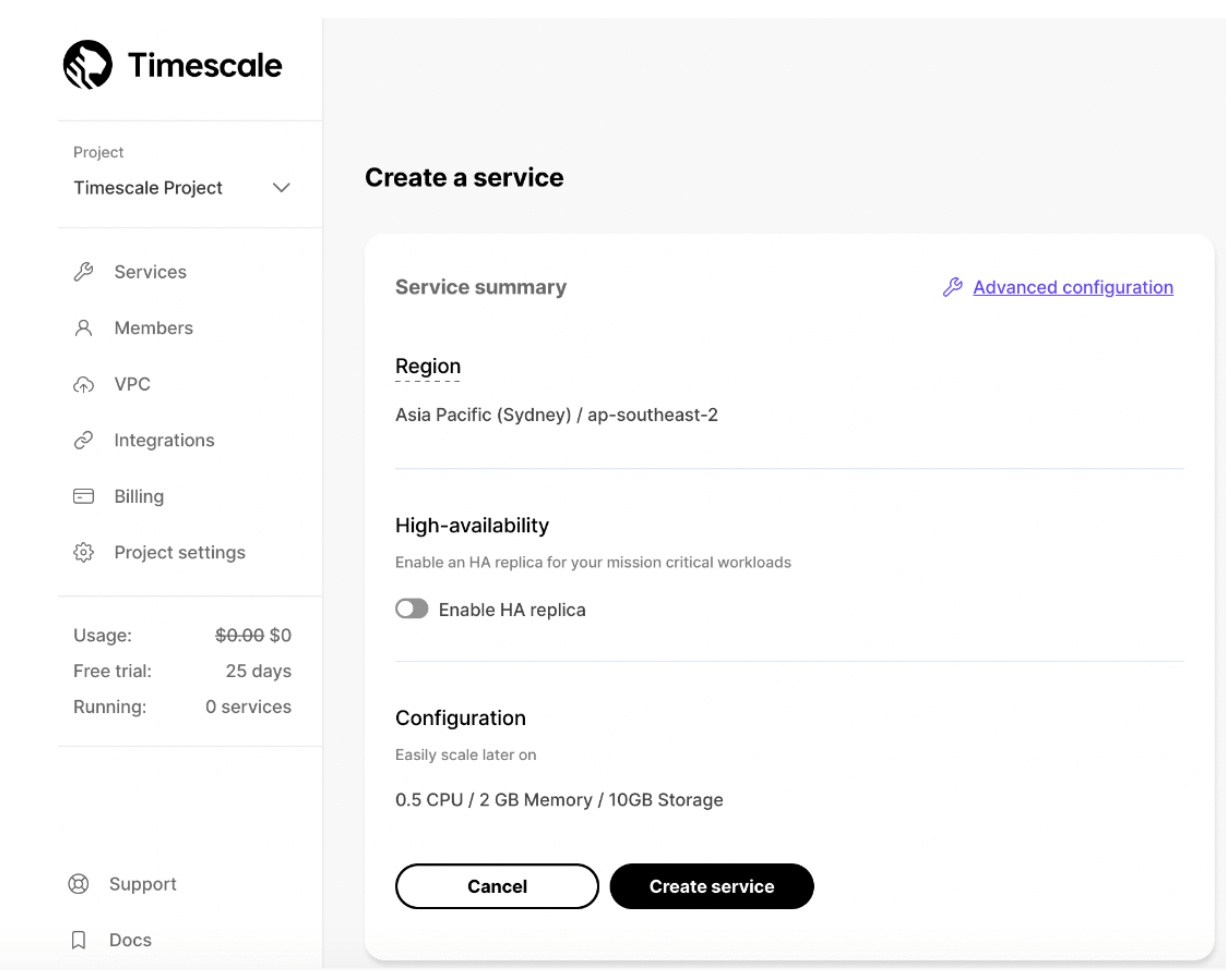 Integrating EMQX Cloud and Timescale: Timescale's Create a service page