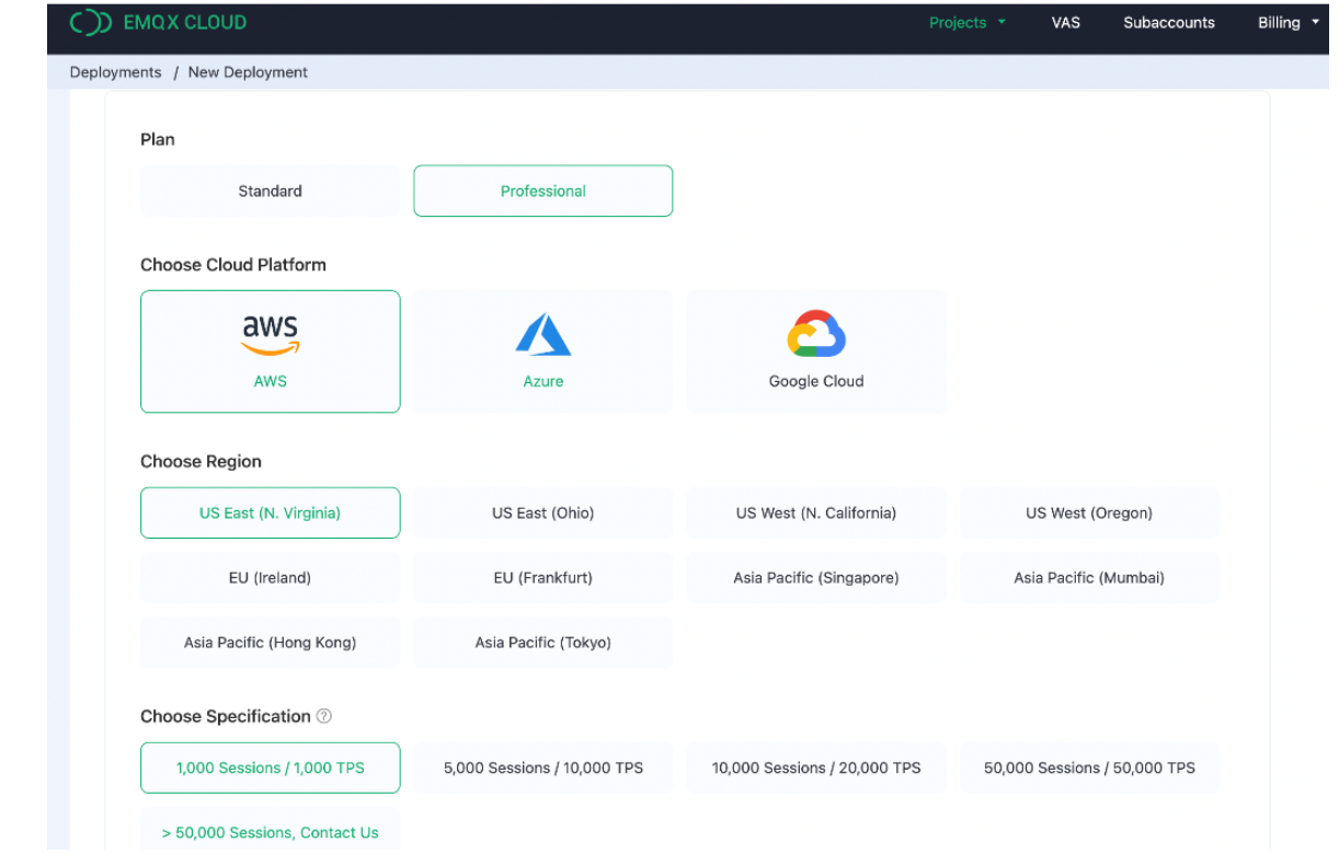 Integrating EMQX Cloud and Timescale: select cloud provider page