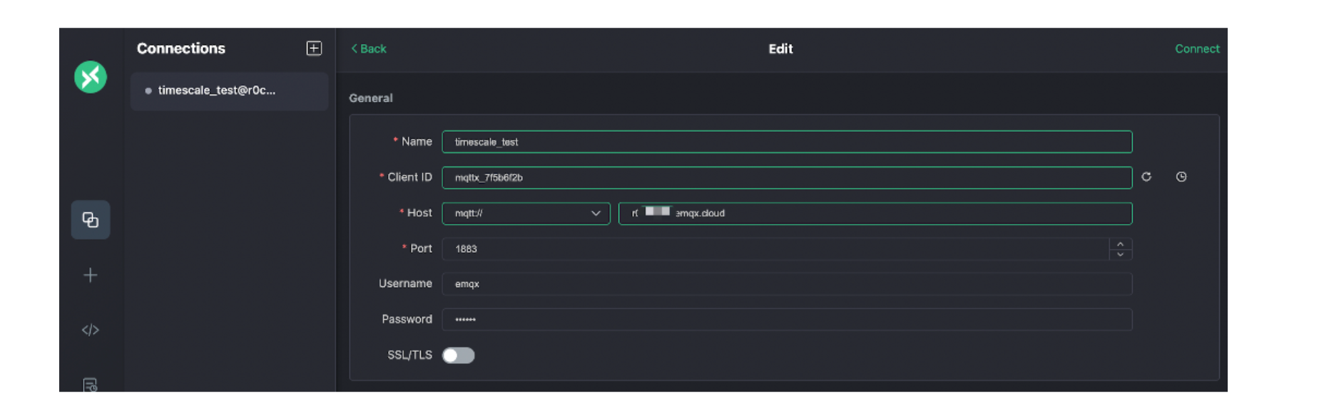 Integrating EMQX Cloud and Timescale: Connections page in the EMQX console