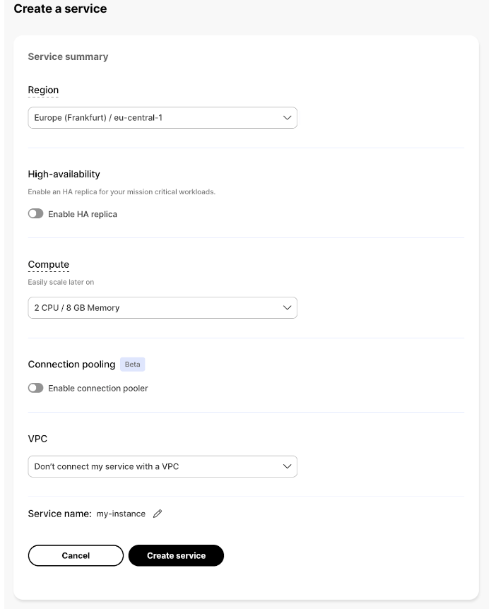 Create a Timescale service page in the Timescale Console