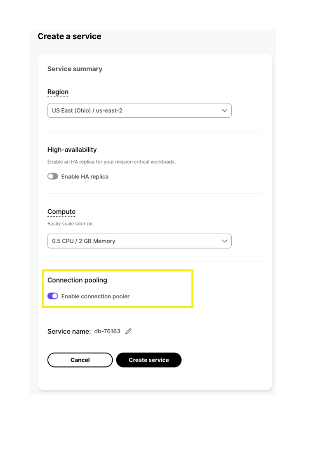 Enabling PgBouncer in the Timescale console, in the service creation screen