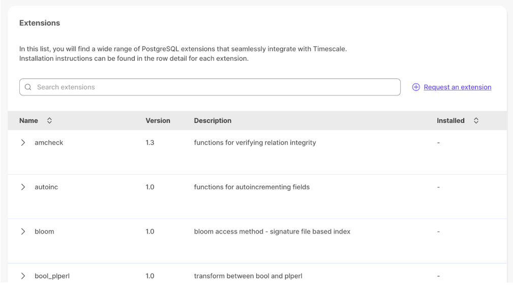 The PostgreSQL extensions list in the Timescale console