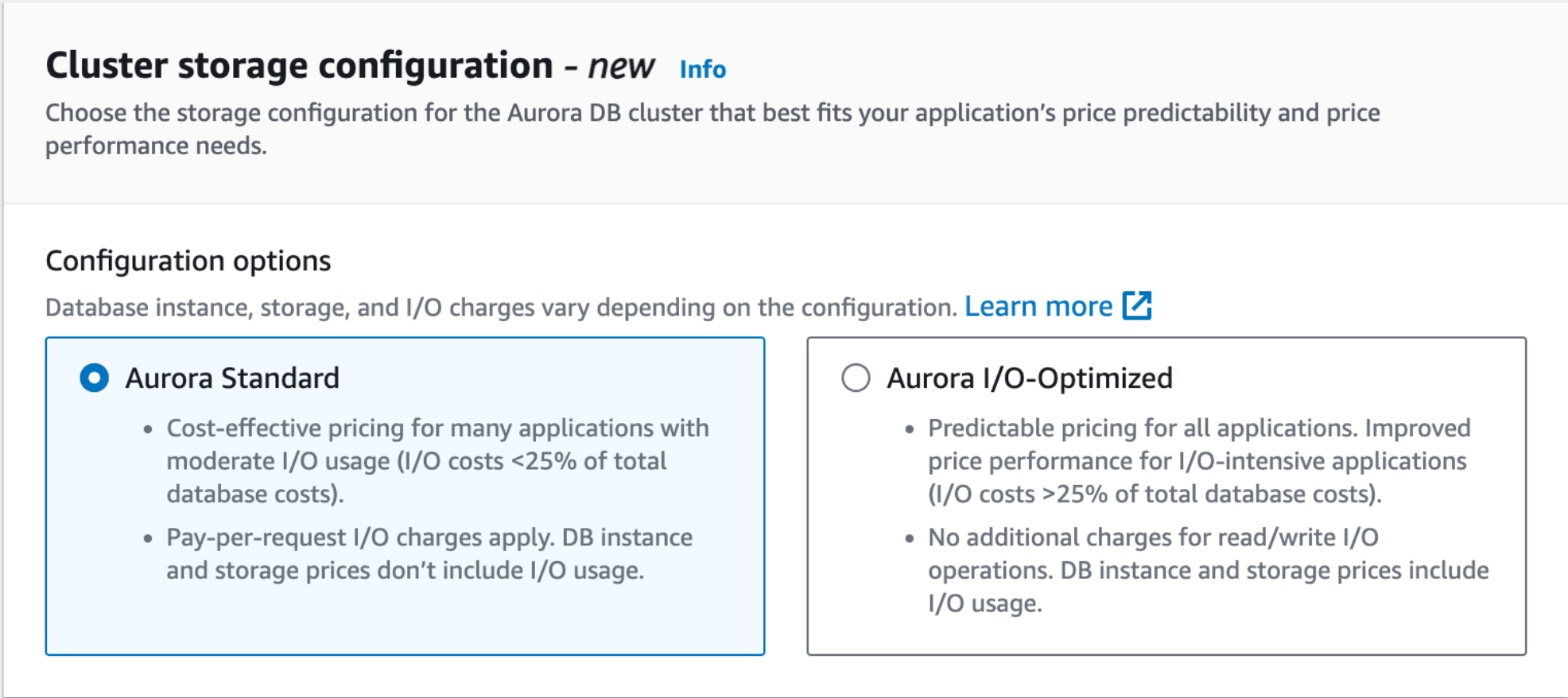 Cluster storage configuration screen in Amazon Aurora