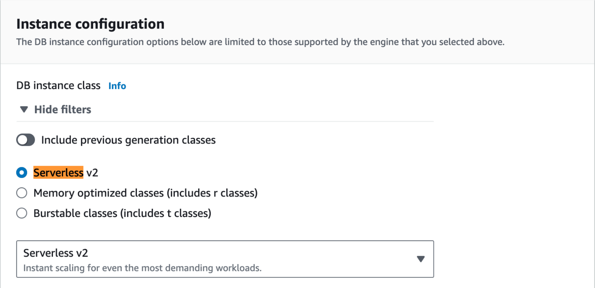 Instance config screen in Amazon Aurora