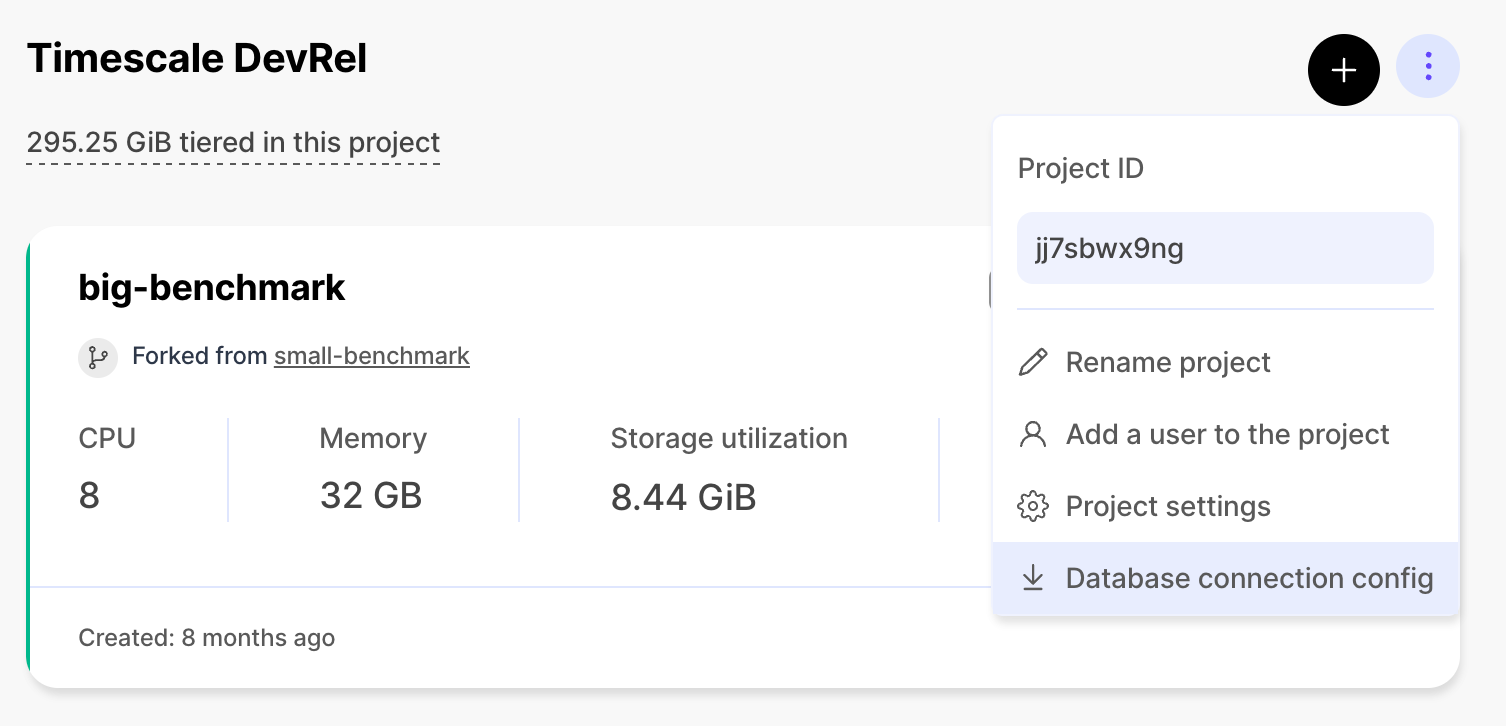 An image of the Timescale DevRel project in the Timescale UI, highlighting the new database connection config button