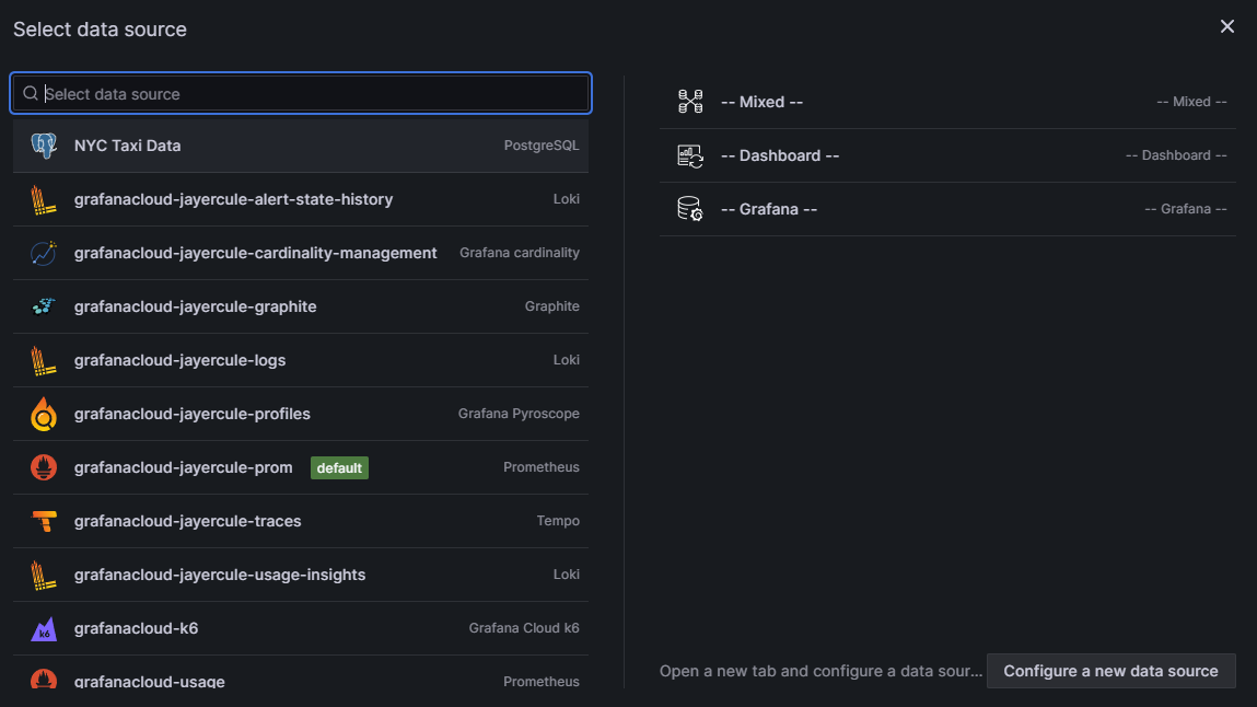 The Grafana UI in the select data source page. Your data sources are on the left