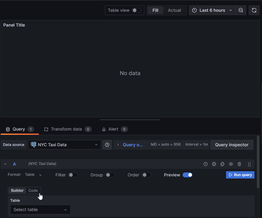 The Grafana UI: the cursor is selecting the Code tab at the bottom left corner of the image.