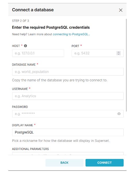 The page where you enter your PostgreSQL credentials in Apache Superset.