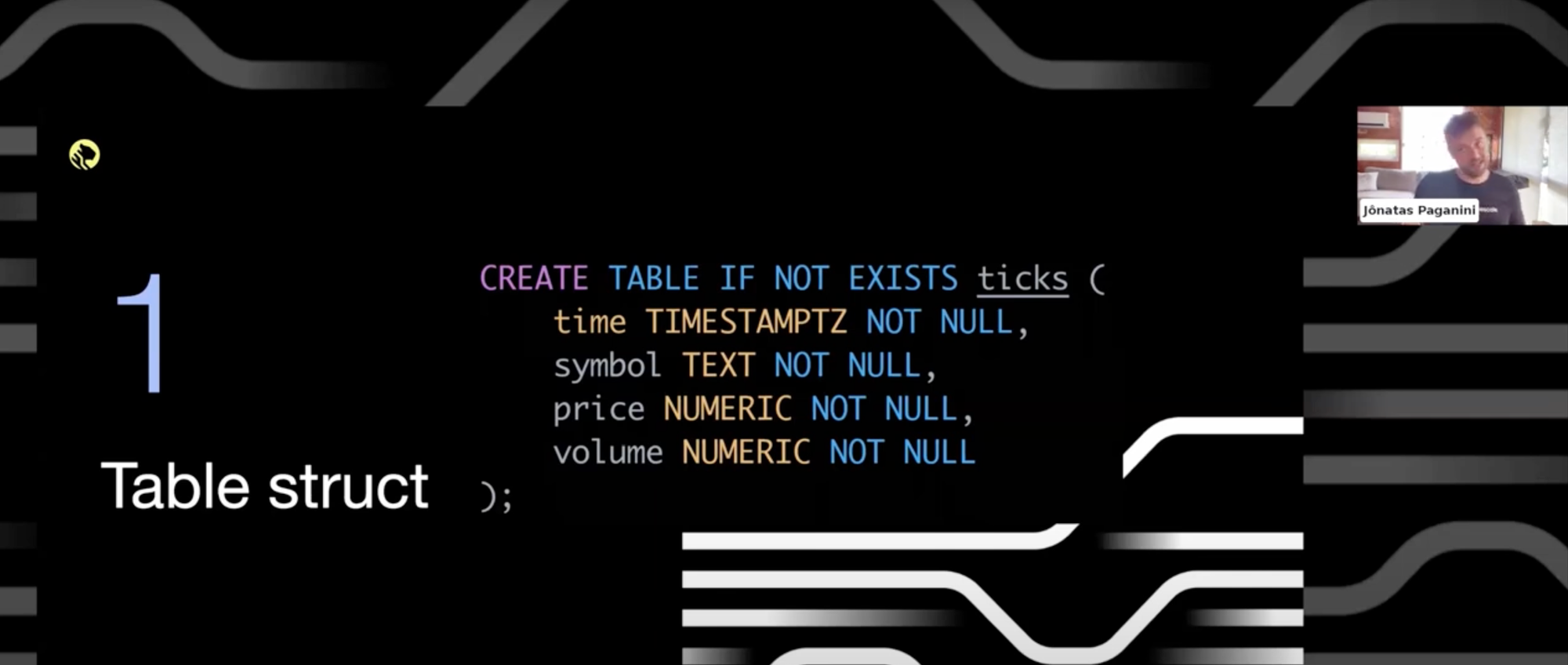 A slide with SQL code during one of the latest Timescale Community Templates live sessions