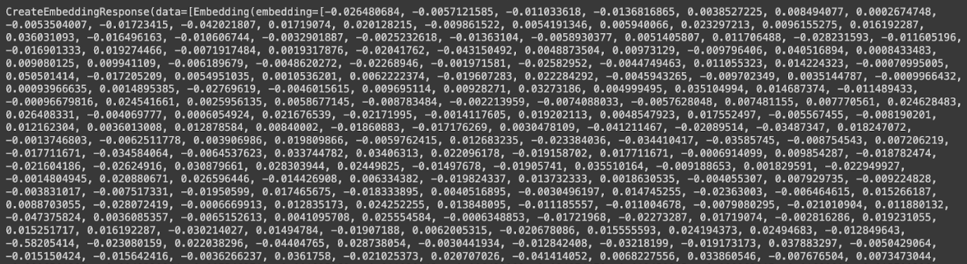 A sequence of vector embeddings for the provided text (above)