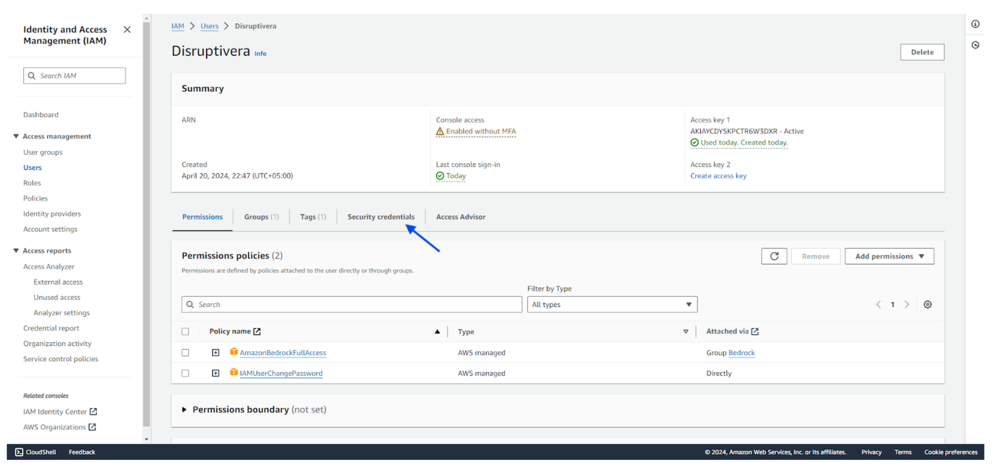 Security credentials for the IAM user using the root user