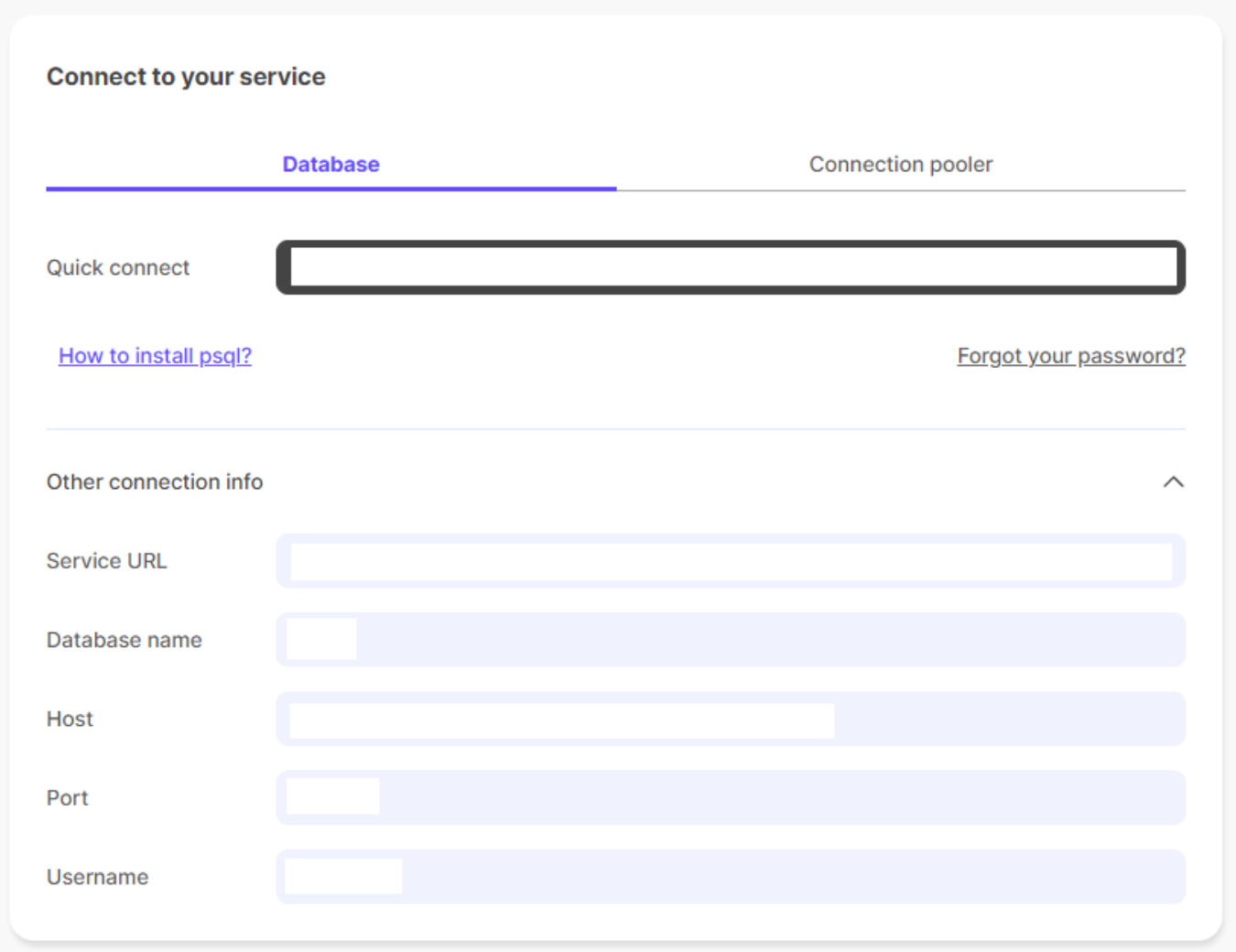 The Connect to your service page in the Timescale console