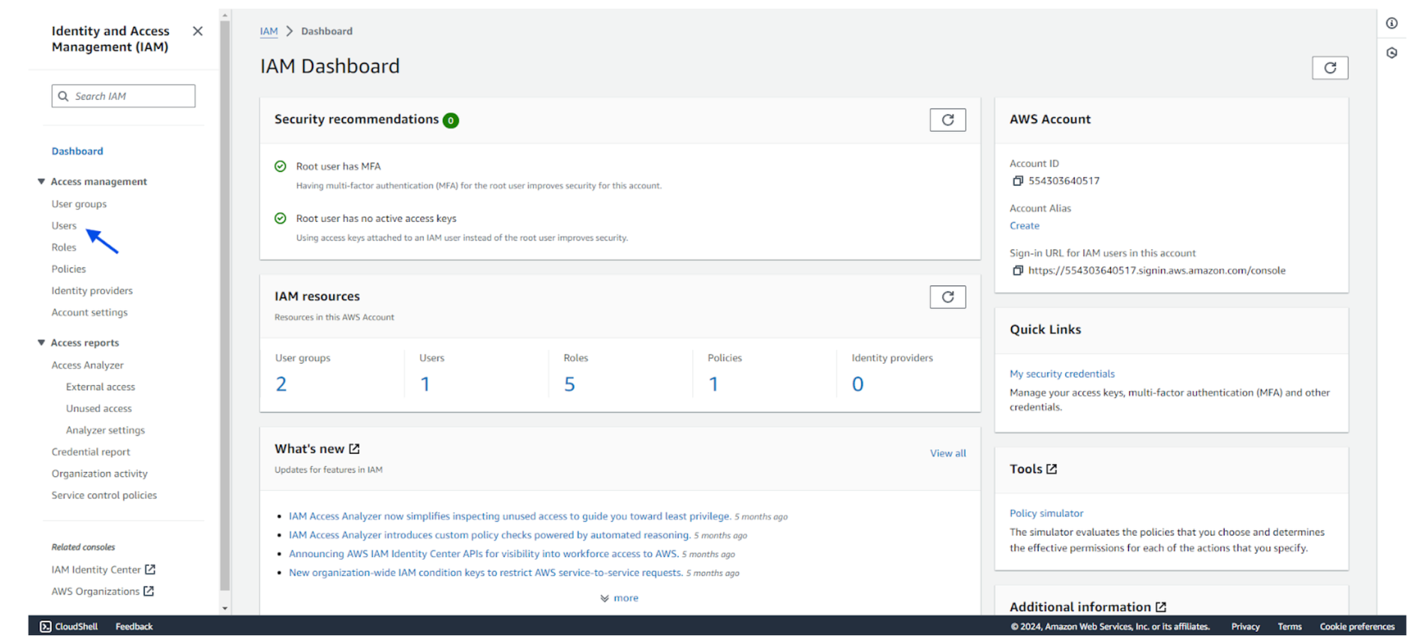 IAM Dashboard for the root