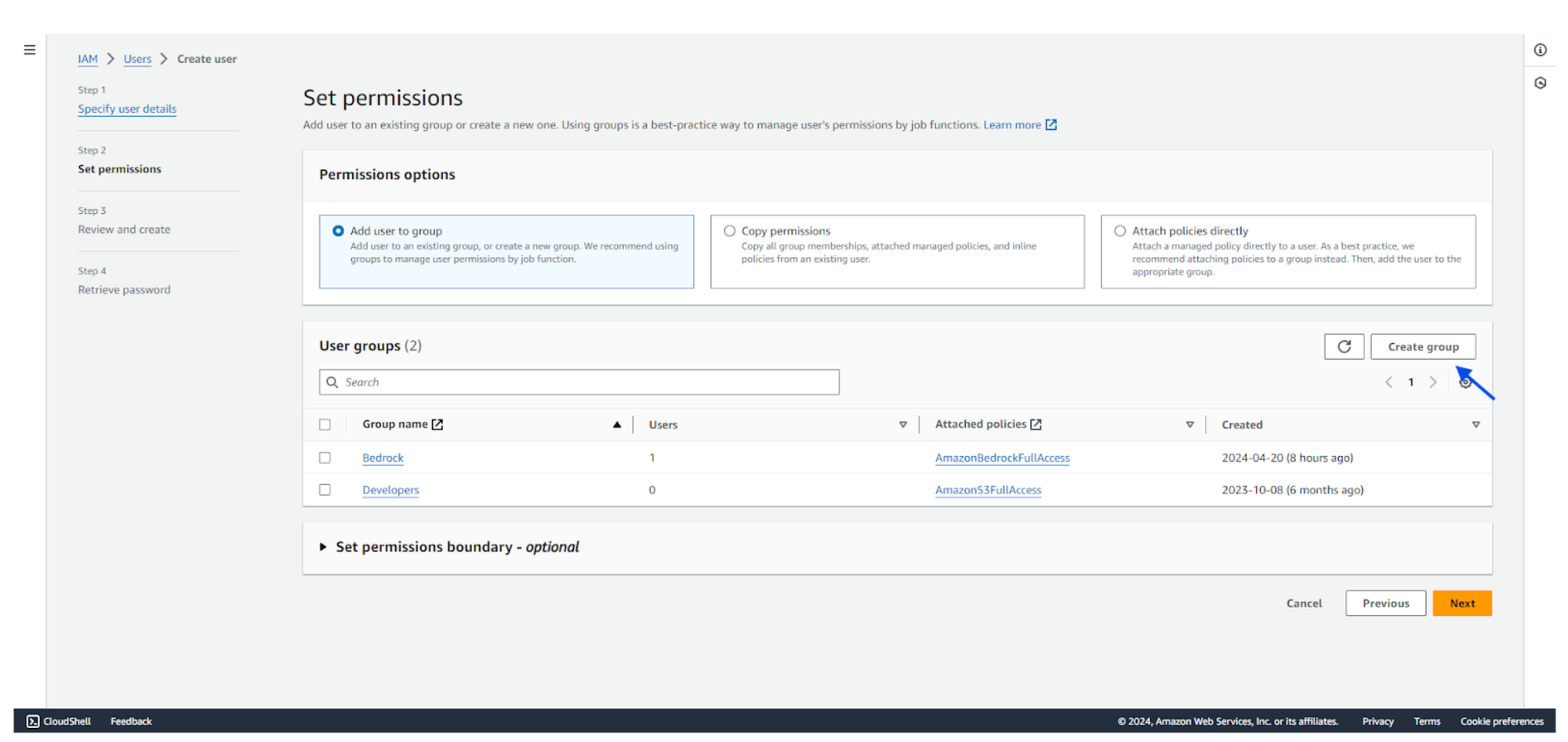 Setting permissions for the newly created user