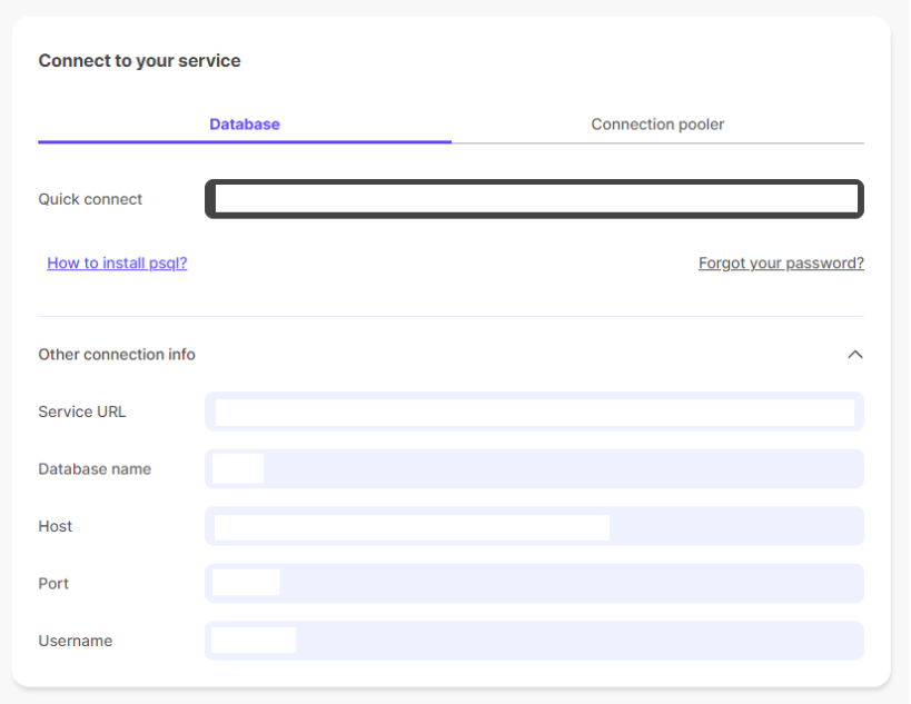 Configuration dashboard for connecting to the service