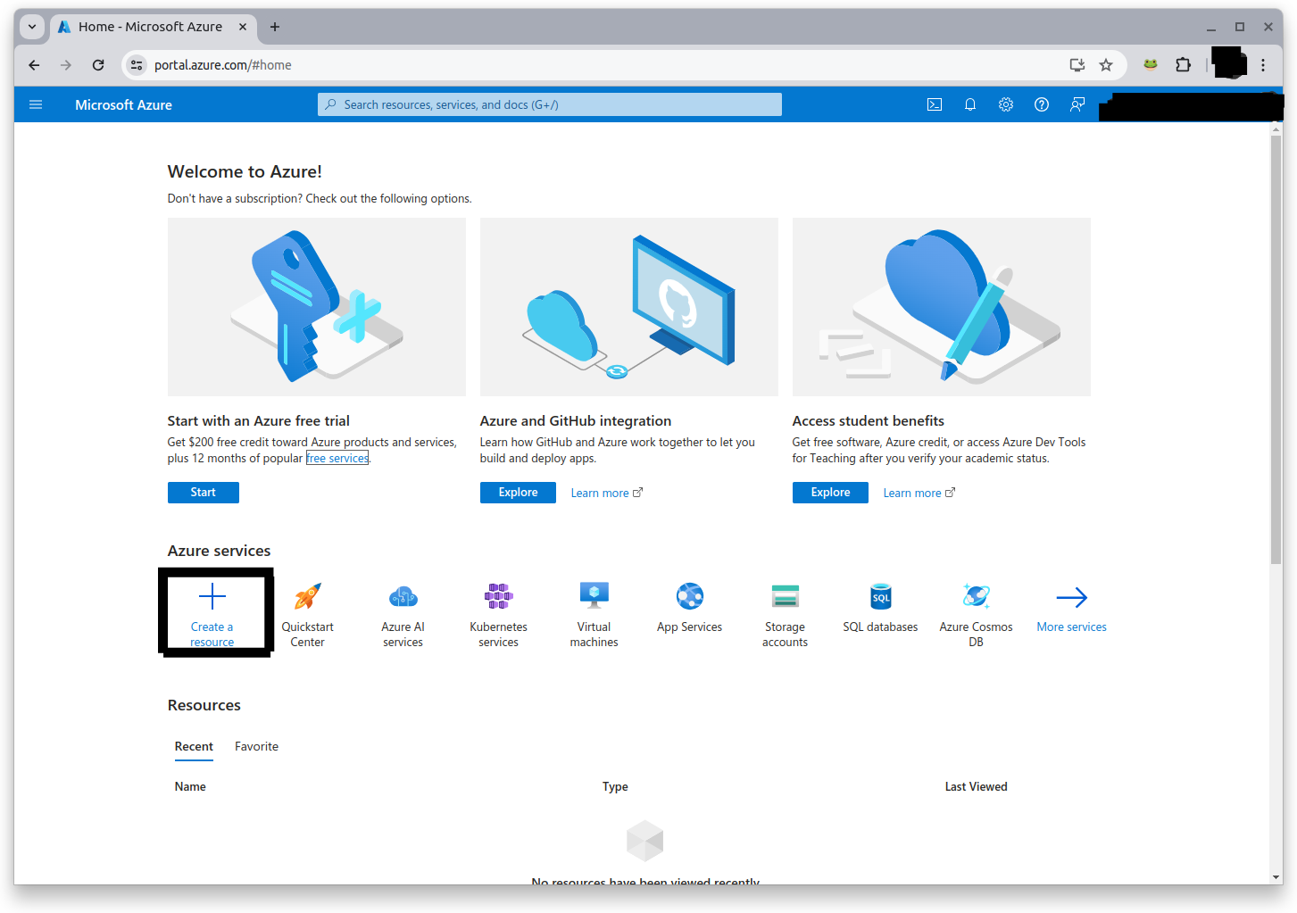 The Azure dashboard