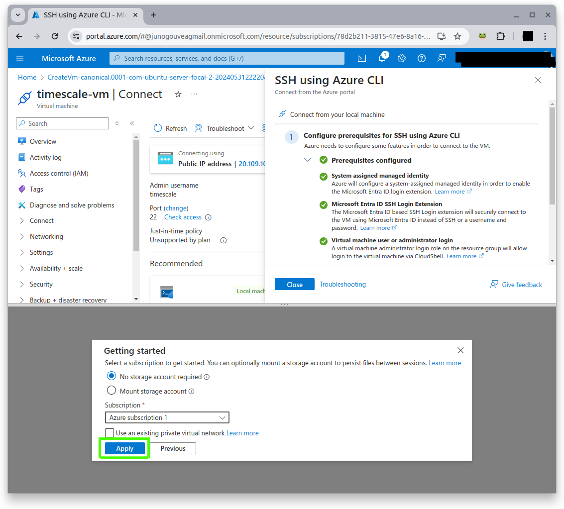 Azure's Timescale VM page. The Apply button is highlighted with a green frame around it.