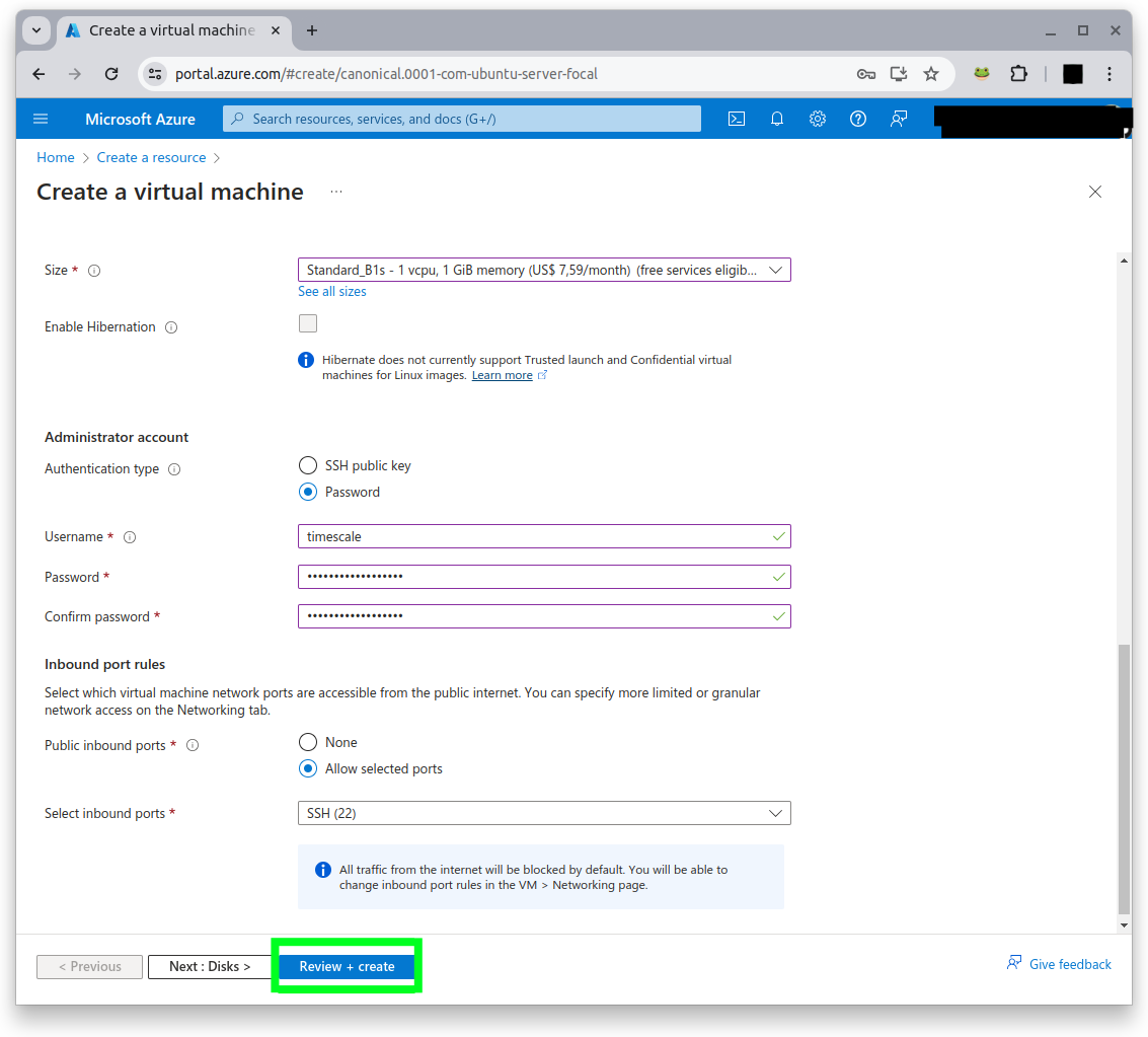 The create a virtual machine page with the option Review + create selected with a green frame around it