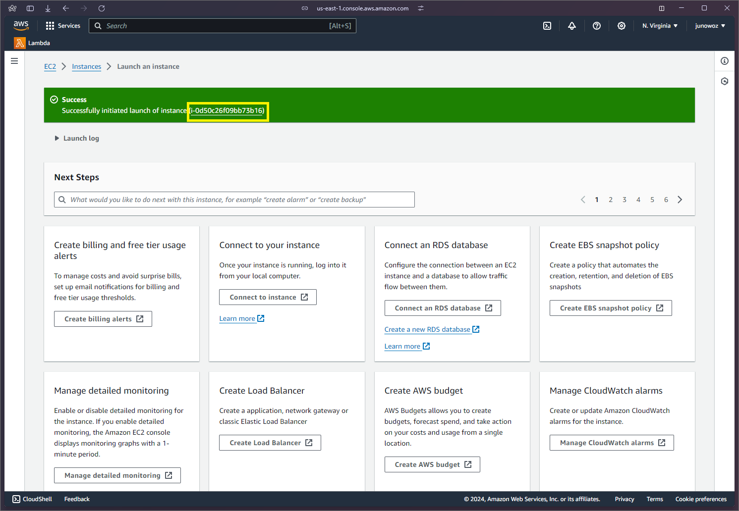 A yellow frame around the instance ID in AWS's Instances page