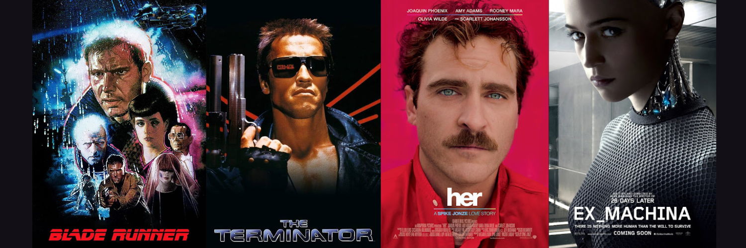 Side by side movie posters of Blade Runner (1982), Terminator (1984), her (2013), and Ex Machina (2014)