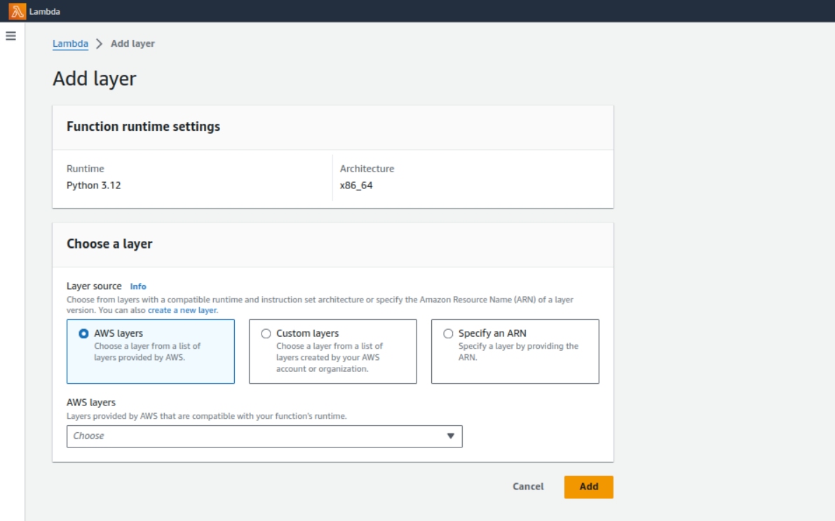 Adding a Lambda layer in the Lambda UI