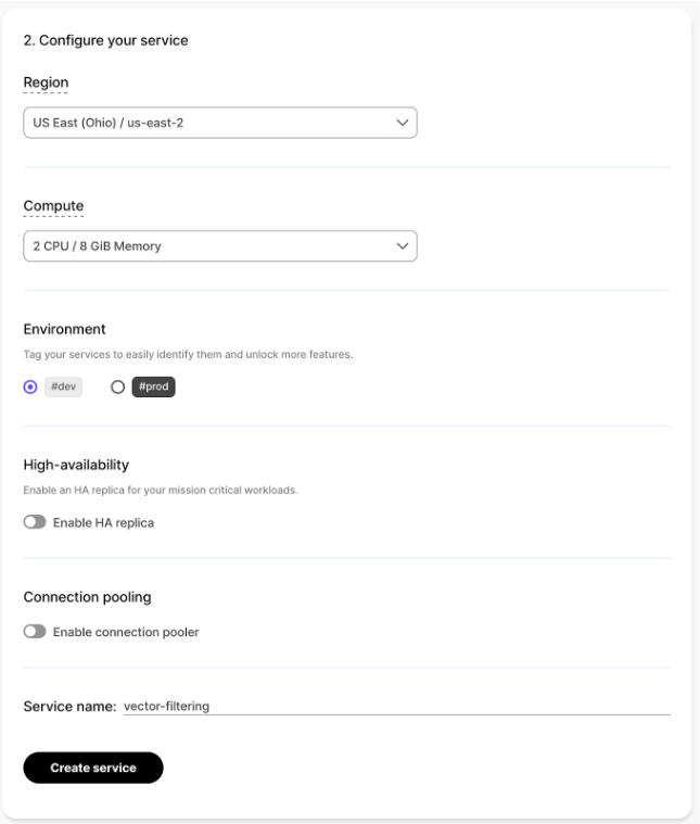 The Configure your service page in the Timescale Cloud UI