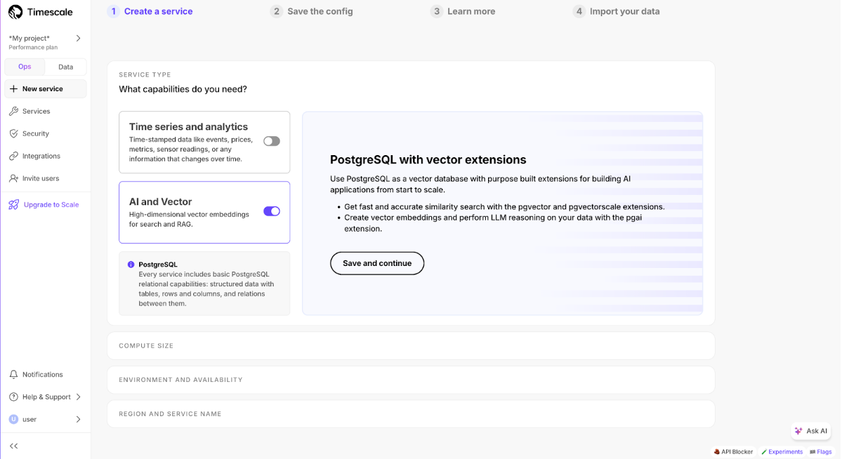 The 'Create a service' page in the Timescale UI.