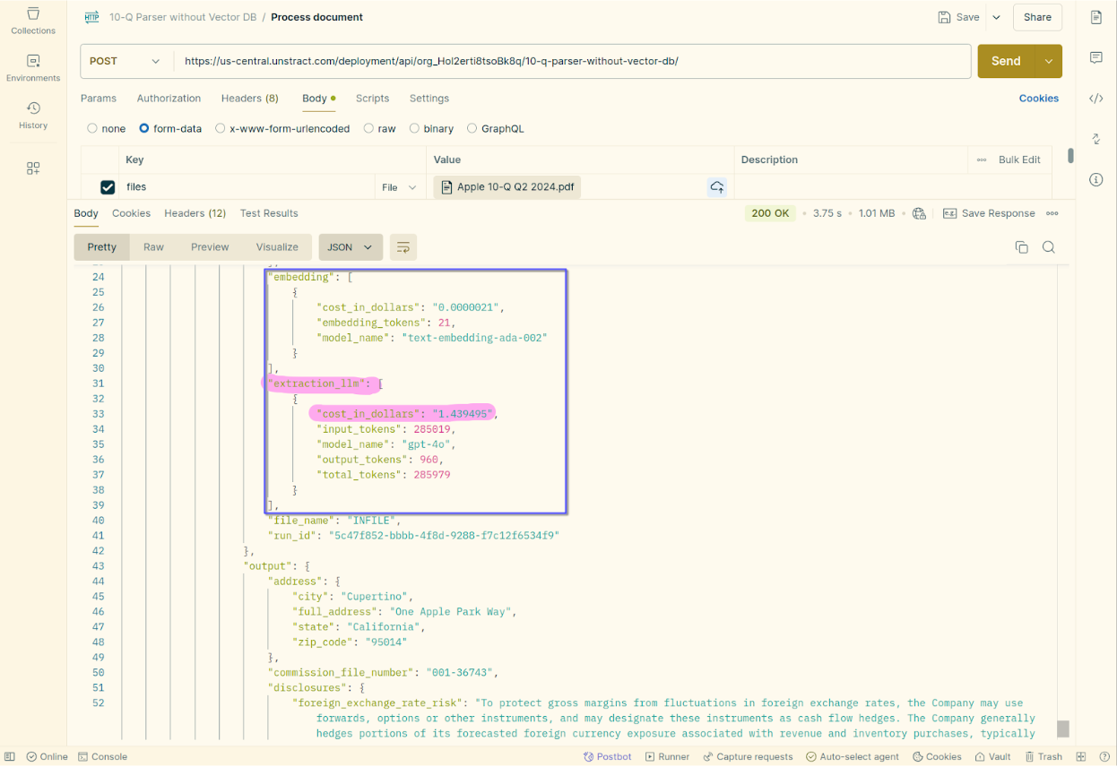 Postman screenshot showing Unstract API response from Prompt Studio project that does not have the vector database enabled. The tokens used, and thus the cost of the extraction is relatively high.