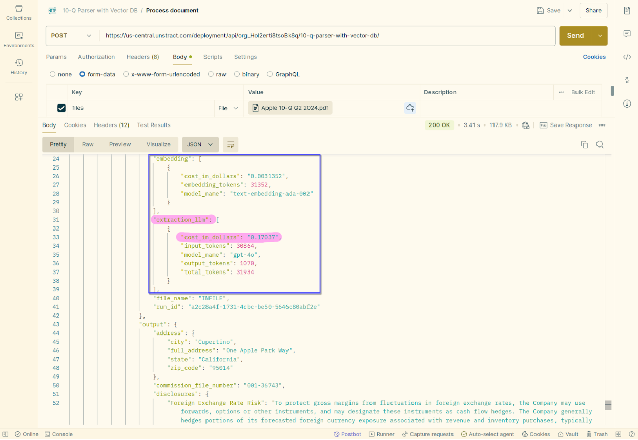 Postman screenshot highlighting the data extraction cost